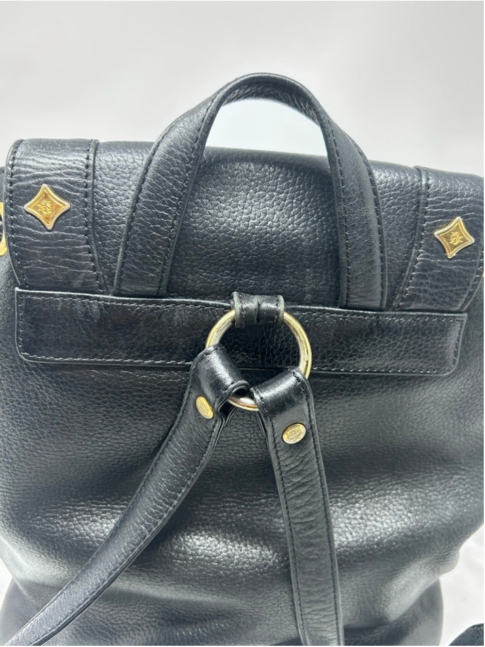 Vintage MCM Black Pebbled Leather Backpack Gold Hardware Drawstring - Picture 9 of 16